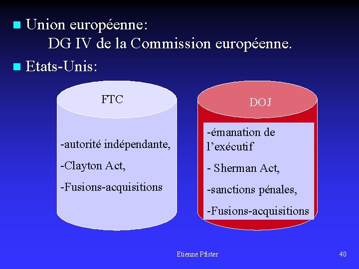 Union européenne: DG IV de la Commission européenne. n Etats-Unis: n FTC DOJ -autorité