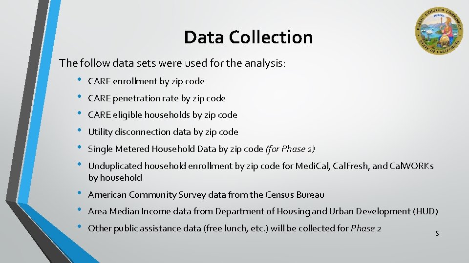 Data Collection The follow data sets were used for the analysis: • • •