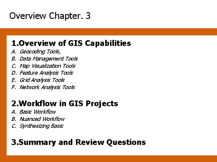 Overview Chapter. 3 1. Overview of GIS Capabilities A. B. C. D. E. F.