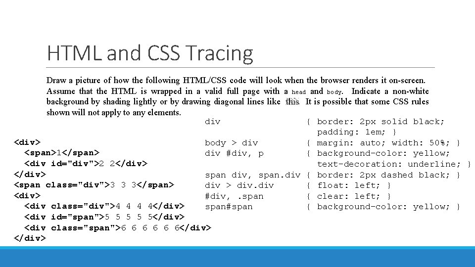 HTML and CSS Tracing Draw a picture of how the following HTML/CSS code will