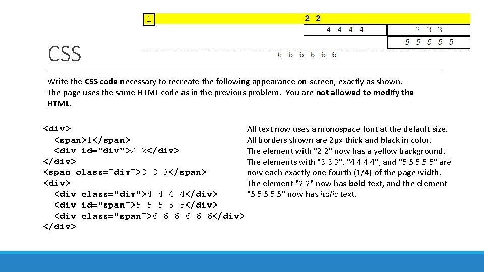 CSS Write the CSS code necessary to recreate the following appearance on-screen, exactly as
