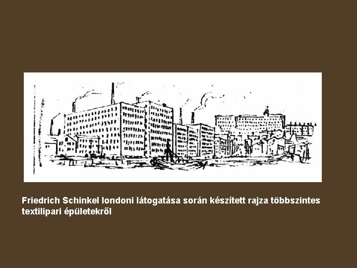 Friedrich Schinkel londoni látogatása során készített rajza többszintes textilipari épületekről 