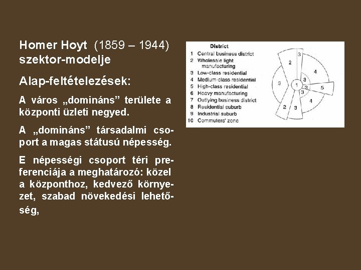 Homer Hoyt (1859 – 1944) szektor-modelje Alap-feltételezések: A város „domináns” területe a központi üzleti