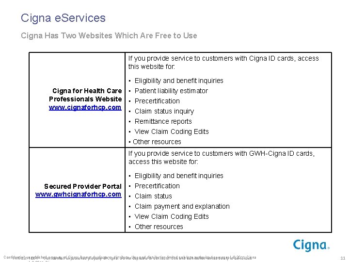 Cigna e. Services Cigna Has Two Websites Which Are Free to Use If you