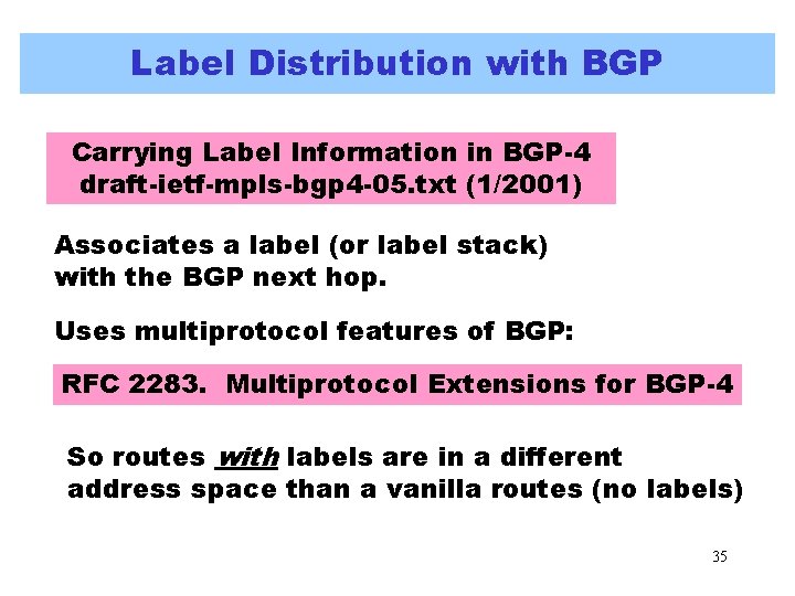 Label Distribution with BGP Carrying Label Information in BGP-4 draft-ietf-mpls-bgp 4 -05. txt (1/2001) Label Distribution with BGP Carrying Label Information in BGP-4 draft-ietf-mpls-bgp 4 -05. txt (1/2001)