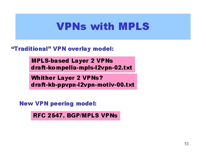 VPNs with MPLS “Traditional” VPN overlay model: MPLS-based Layer 2 VPNs draft-kompella-mpls-l 2 vpn-02. VPNs with MPLS “Traditional” VPN overlay model: MPLS-based Layer 2 VPNs draft-kompella-mpls-l 2 vpn-02.
