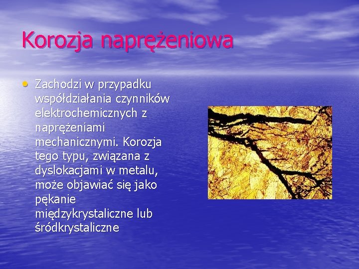 Korozja naprężeniowa • Zachodzi w przypadku współdziałania czynników elektrochemicznych z naprężeniami mechanicznymi. Korozja tego