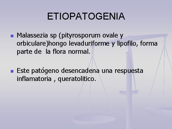 ETIOPATOGENIA n n Malassezia sp (pityrosporum ovale y orbiculare)hongo levaduriforme y lipofilo, forma parte