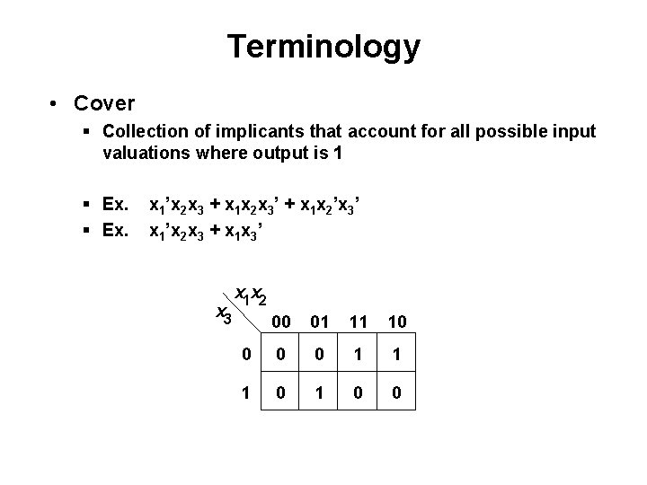 Terminology • Cover § Collection of implicants that account for all possible input valuations