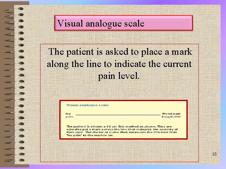 Visual analogue scale The patient is asked to place a mark along the line