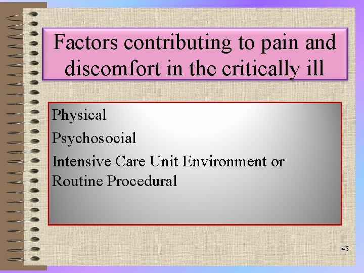 Factors contributing to pain and discomfort in the critically ill Physical Psychosocial Intensive Care