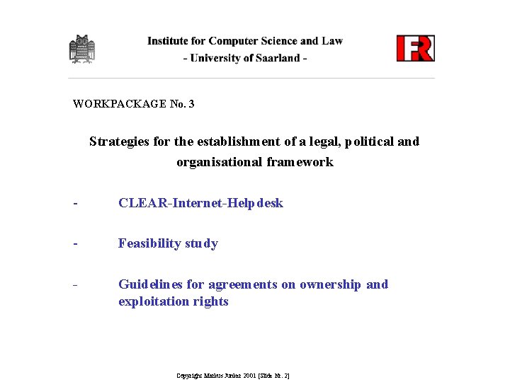 WORKPACKAGE No. 3 Strategies for the establishment of a legal, political and organisational framework