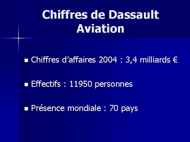 Chiffres de Dassault Aviation n Chiffres d’affaires 2004 : 3, 4 milliards € n