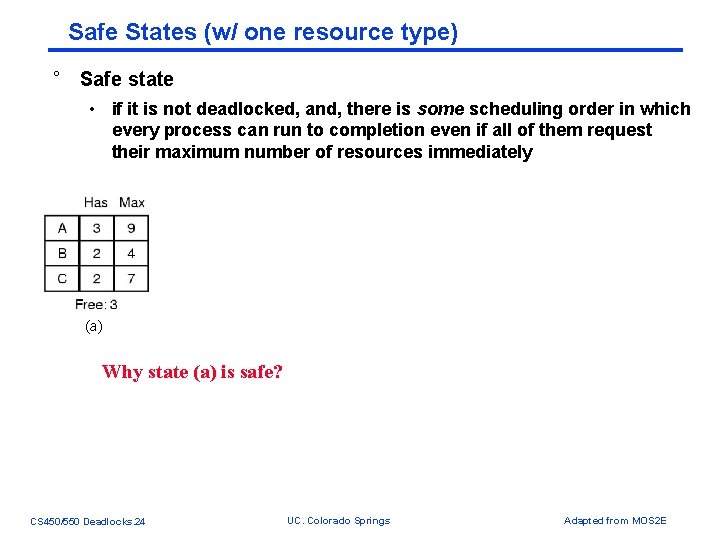Safe States (w/ one resource type) ° Safe state • if it is not Safe States (w/ one resource type) ° Safe state • if it is not