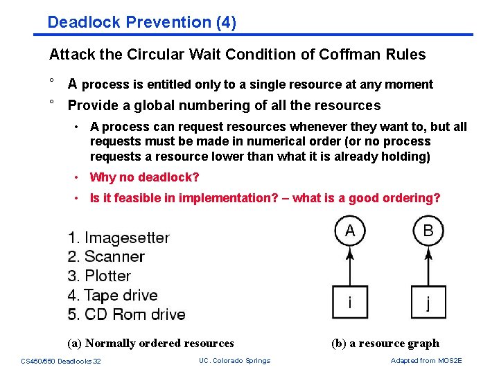 Deadlock Prevention (4) Attack the Circular Wait Condition of Coffman Rules ° A process Deadlock Prevention (4) Attack the Circular Wait Condition of Coffman Rules ° A process