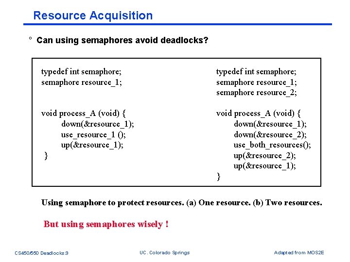 Resource Acquisition ° Can using semaphores avoid deadlocks? typedef int semaphore; semaphore resource_1; semaphore Resource Acquisition ° Can using semaphores avoid deadlocks? typedef int semaphore; semaphore resource_1; semaphore