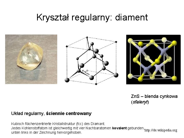 Kryształ regularny: diament Zn. S – blenda cynkowa (sfaleryt) Układ regularny, ściennie centrowany Kubisch