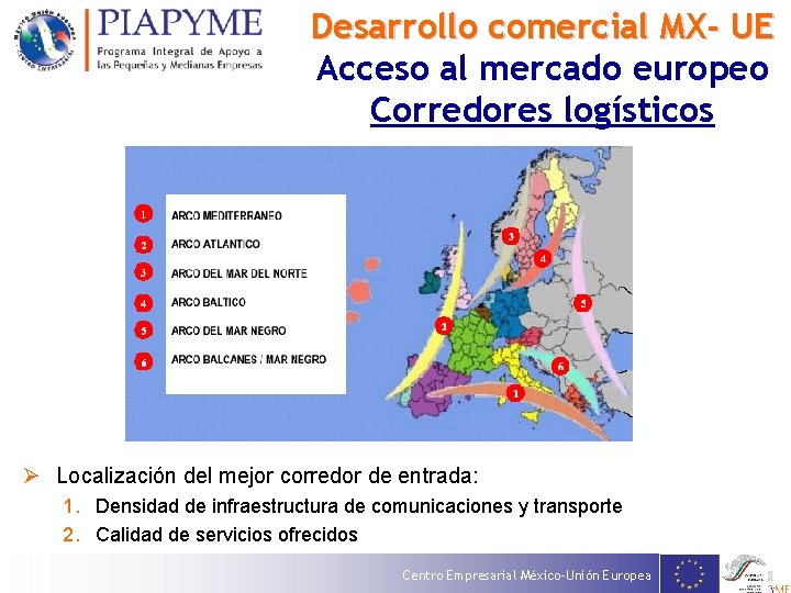 Desarrollo comercial MX- UE Acceso al mercado europeo Corredores logísticos Ø Localización del mejor