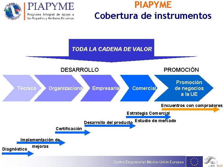 PIAPYME Cobertura de instrumentos TODA LA CADENA DE VALOR DESARROLLO Técnico Organizacional PROMOCIÓN Empresarial