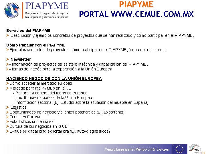 PIAPYME PORTAL WWW. CEMUE. COM. MX Servicios del PIAPYME Ø Descripción y ejemplos concretos