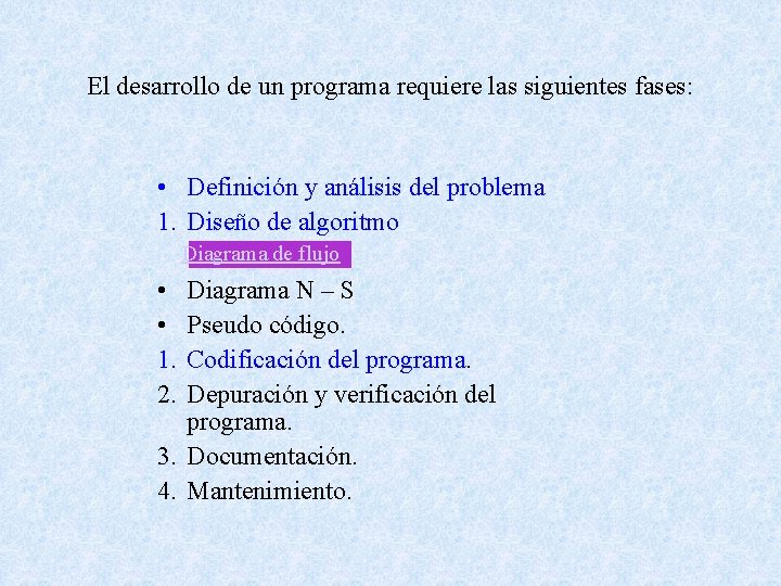 El desarrollo de un programa requiere las siguientes fases: • Definición y análisis del