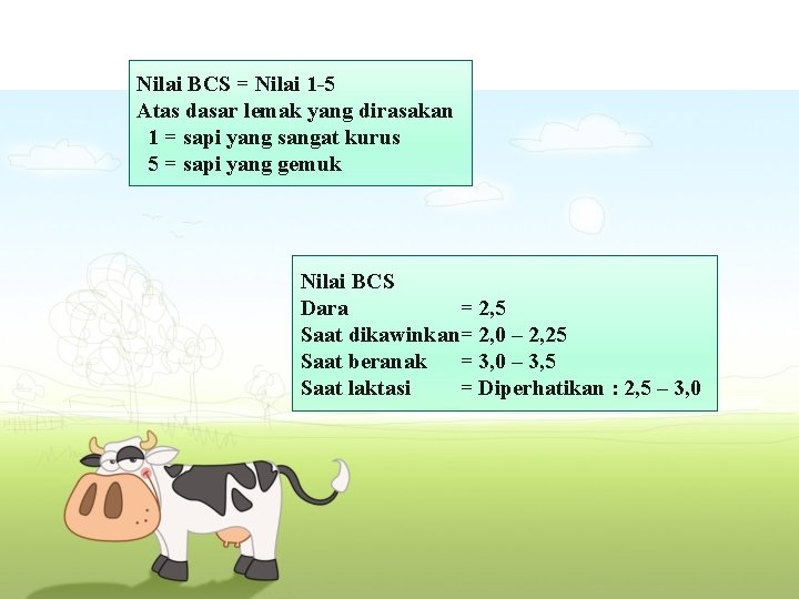 Nilai BCS = Nilai 1 -5 Atas dasar lemak yang dirasakan 1 = sapi