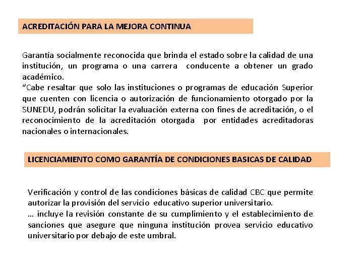 ACREDITACIÓN PARA LA MEJORA CONTINUA Garantía socialmente reconocida que brinda el estado sobre la