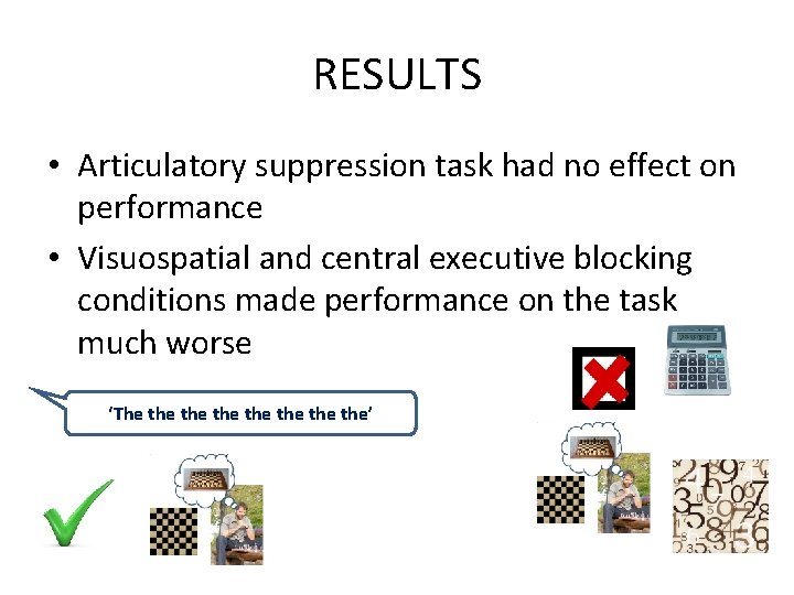 RESULTS • Articulatory suppression task had no effect on performance • Visuospatial and central RESULTS • Articulatory suppression task had no effect on performance • Visuospatial and central