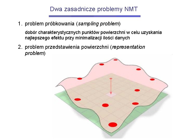 Dwa zasadnicze problemy NMT 1. problem próbkowania (sampling problem) dobór charakterystycznych punktów powierzchni w