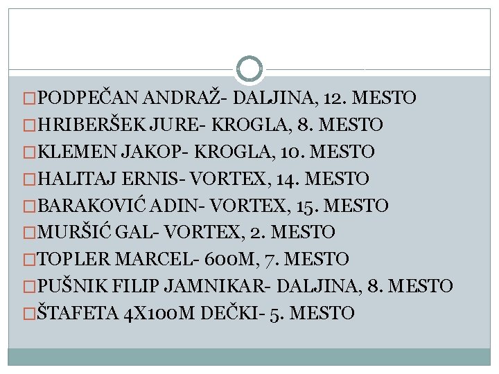 �PODPEČAN ANDRAŽ- DALJINA, 12. MESTO �HRIBERŠEK JURE- KROGLA, 8. MESTO �KLEMEN JAKOP- KROGLA, 10.