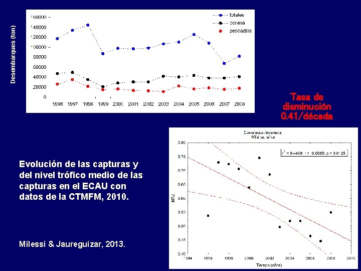 Desembarques (ton) Tasa de disminución 0. 41/década Evolución de las capturas y del nivel