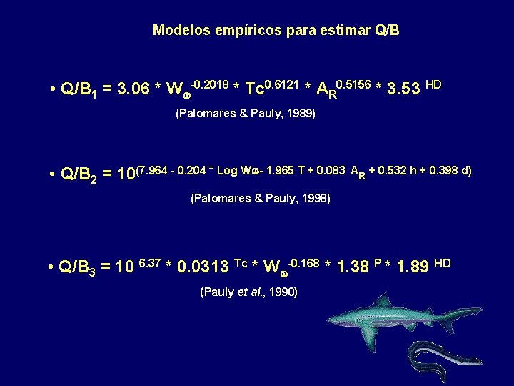 Modelos empíricos para estimar Q/B • Q/B 1 = 3. 06 * W -0.