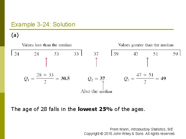 Example 3 -24: Solution (a) The age of 28 falls in the lowest 25% Example 3 -24: Solution (a) The age of 28 falls in the lowest 25%