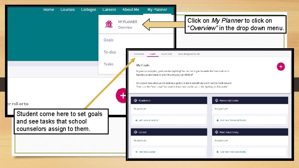 Click on My Planner to click on “Overview” in the drop down menu. Student Click on My Planner to click on “Overview” in the drop down menu. Student