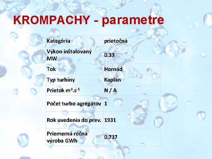 KROMPACHY - parametre Kategória prietočná Výkon inštalovaný MW 0. 33 Tok Hornád Typ turbíny