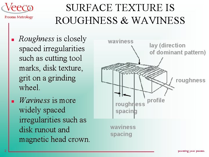 SURFACE TEXTURE IS ROUGHNESS & WAVINESS n n 2 Roughness is closely spaced irregularities