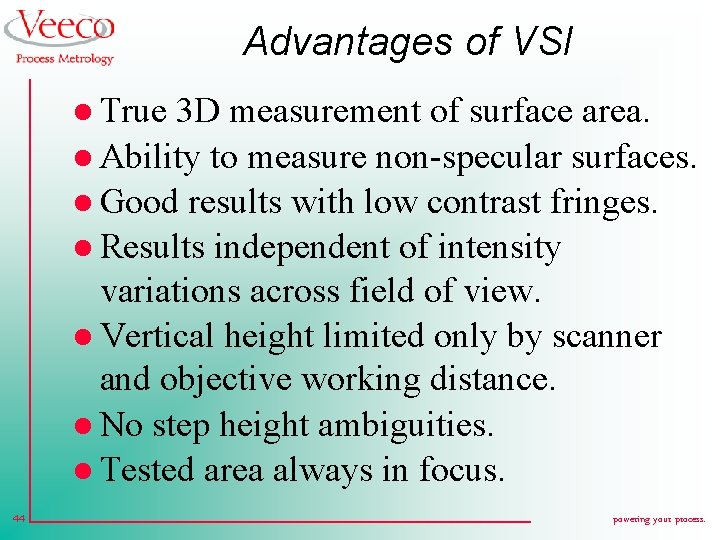 Advantages of VSI l True 3 D measurement of surface area. l Ability to