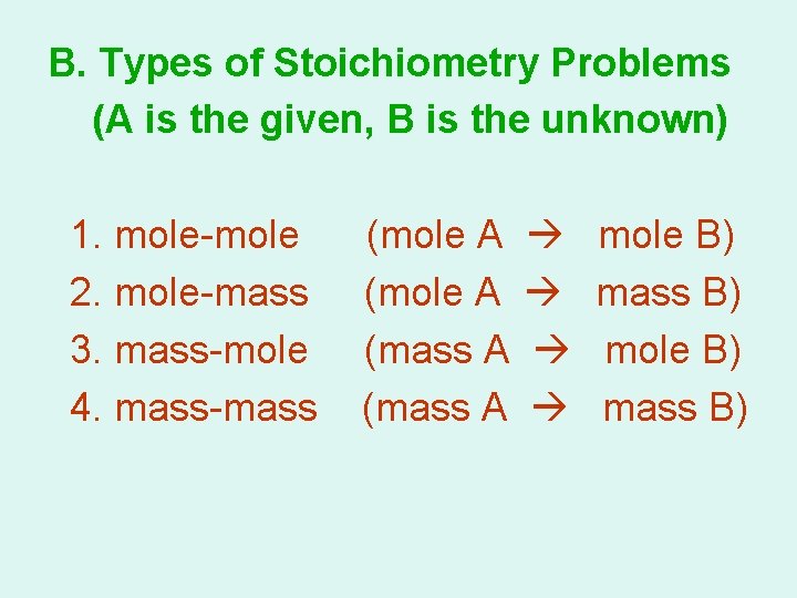 B. Types of Stoichiometry Problems (A is the given, B is the unknown) 1.