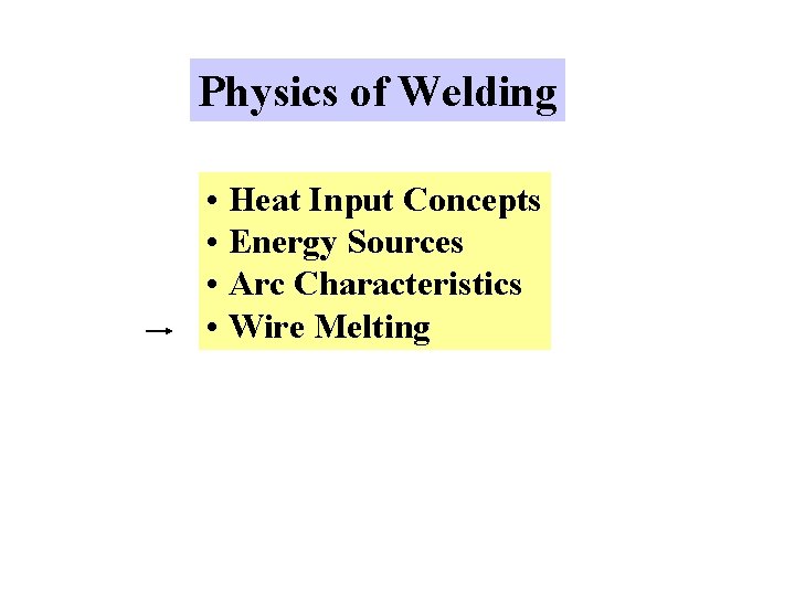 Physics of Welding • Heat Input Concepts • Energy Sources • Arc Characteristics •