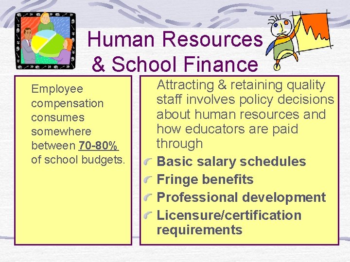 Human Resources & School Finance Employee compensation consumes somewhere between 70 -80% of school