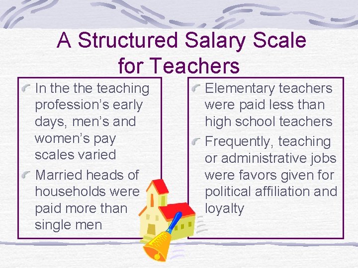  A Structured Salary Scale for Teachers In the teaching profession’s early days, men’s