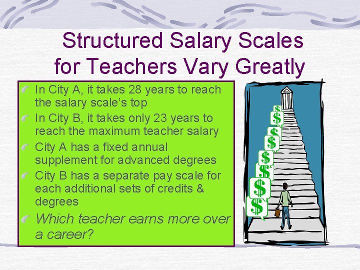  Structured Salary Scales for Teachers Vary Greatly In City A, it takes 28