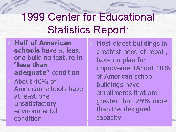 1999 Center for Educational Statistics Report: Half of American schools have at least one