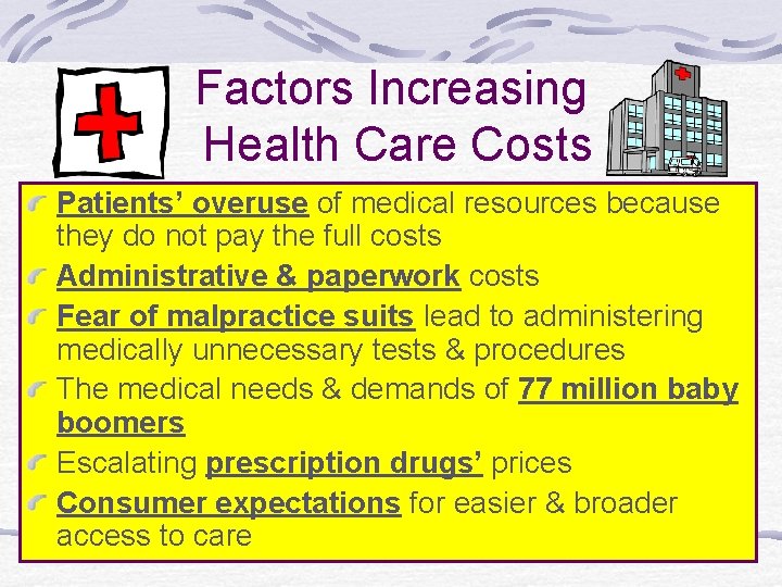 Factors Increasing Health Care Costs Patients’ overuse of medical resources because they do not