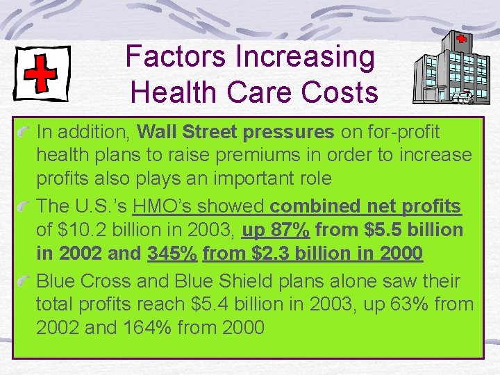 Factors Increasing Health Care Costs In addition, Wall Street pressures on for-profit health plans