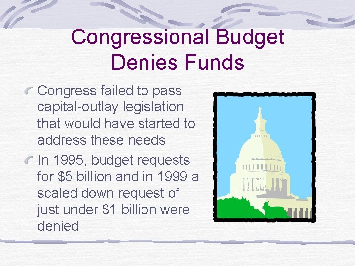 Congressional Budget Denies Funds Congress failed to pass capital-outlay legislation that would have started