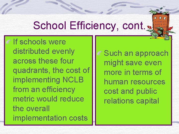 School Efficiency, cont. If schools were distributed evenly across these four quadrants, the cost