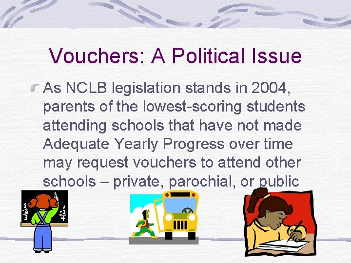 Vouchers: A Political Issue As NCLB legislation stands in 2004, parents of the lowest-scoring