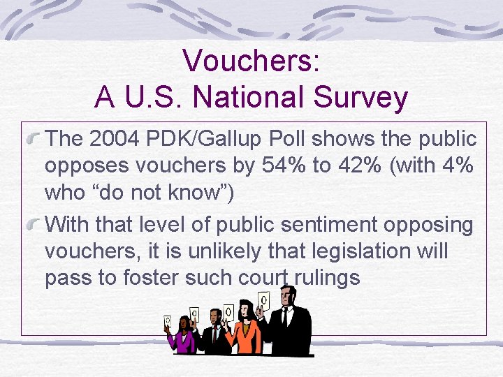 Vouchers: A U. S. National Survey The 2004 PDK/Gallup Poll shows the public opposes