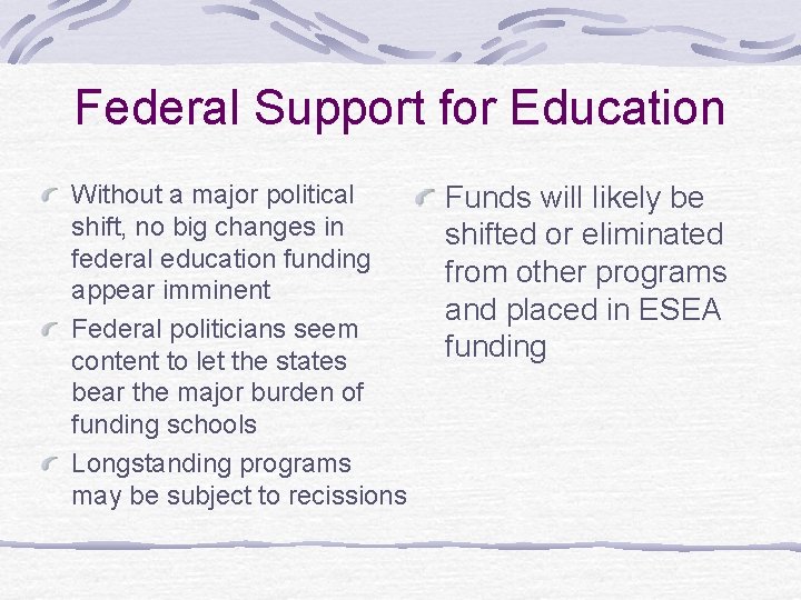 Federal Support for Education Without a major political shift, no big changes in federal